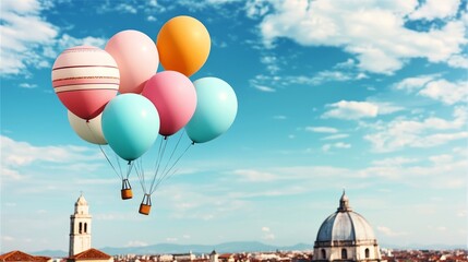 Colorful balloons floating over a scenic city skyline with historic buildings