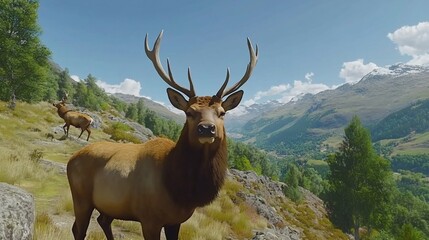 Fototapeta premium Majestic elk stares, mountain valley backdrop, wildlife tourism