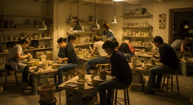 Pottery workshop with students working on ceramic wheels. Cozy artisan studio with warm lighting. Craft education and traditional handmade art concept