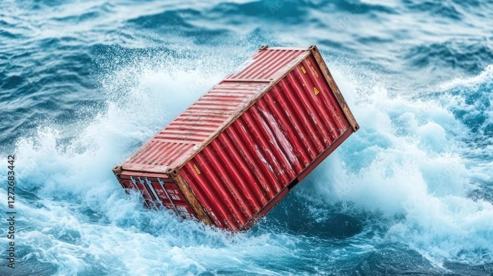Poster a red shipping container partially submerged in turbulent ocean waves.