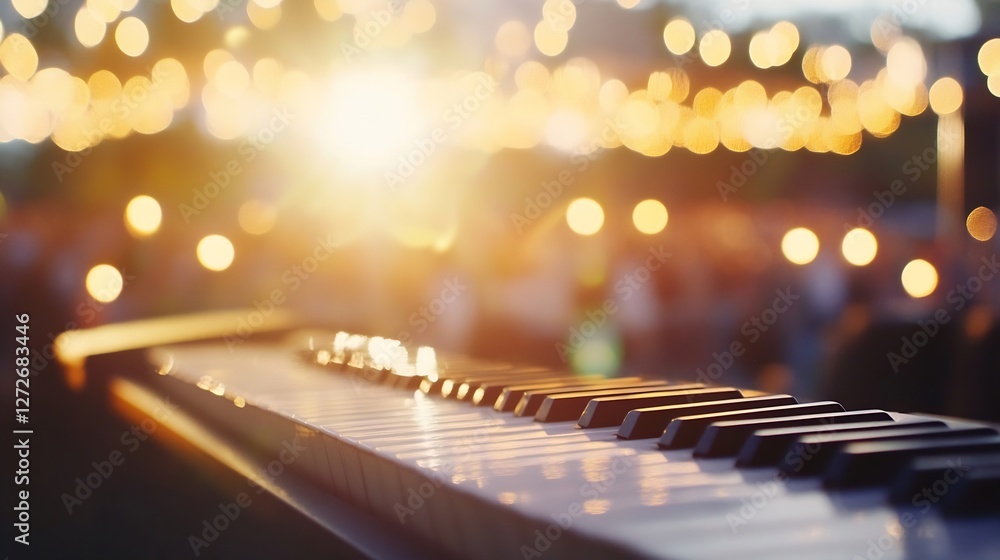 Poster Close-up of Piano Keys with Bokeh Lights in Background Creating Musical Atmosphere : Generative AI