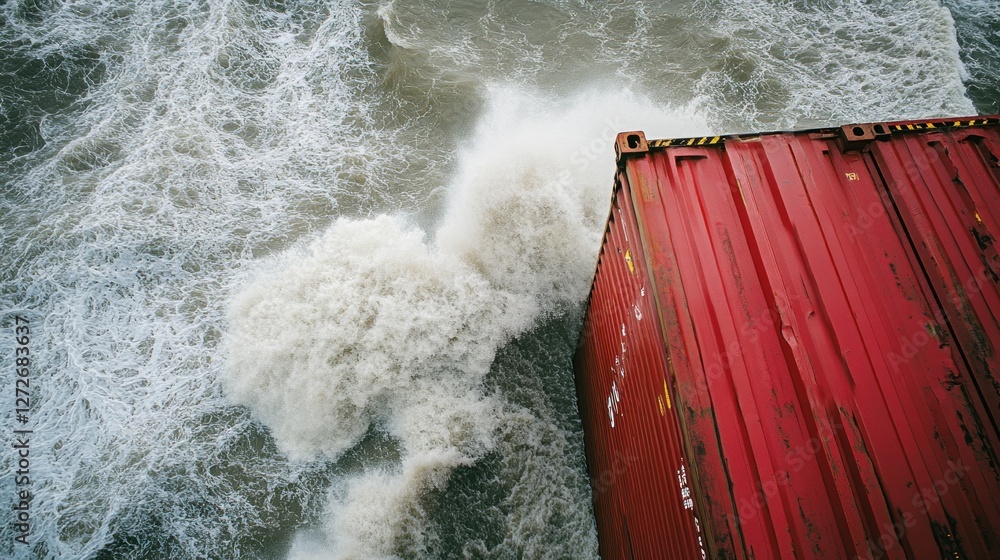 Poster a red shipping container partially submerged in turbulent ocean waves.