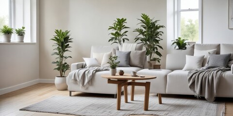 Serene Living Room Interior Design with Neutral Tones and Lush Greenery Featuring a Comfortable Sectional Sofa and Stylish Wooden Coffee Table