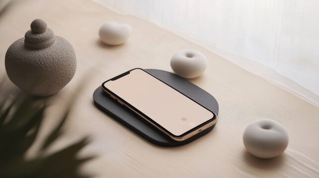 A smartphone showing a meditation app with guided sessions. Featuring relaxation and mindfulness