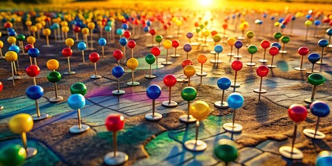 Vibrant Color-Coded Pins on a Map, Aerial View