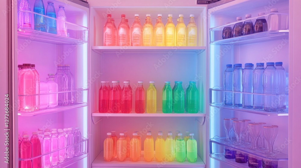 Poster a colorful fridge filled with various beverages in illuminated bottles.