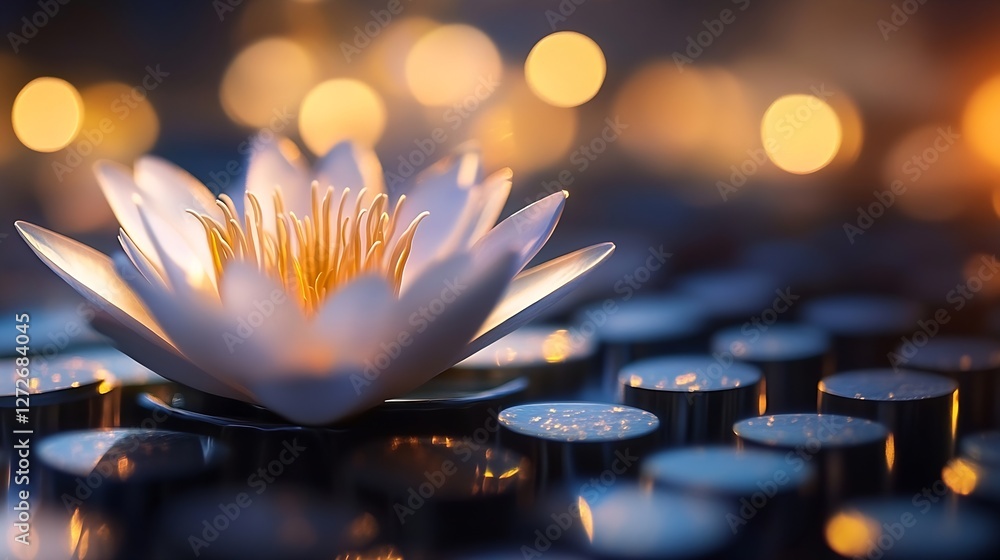 Poster elegant white lotus flower illuminated by soft glowing lights in a tranquil setting : generative ai