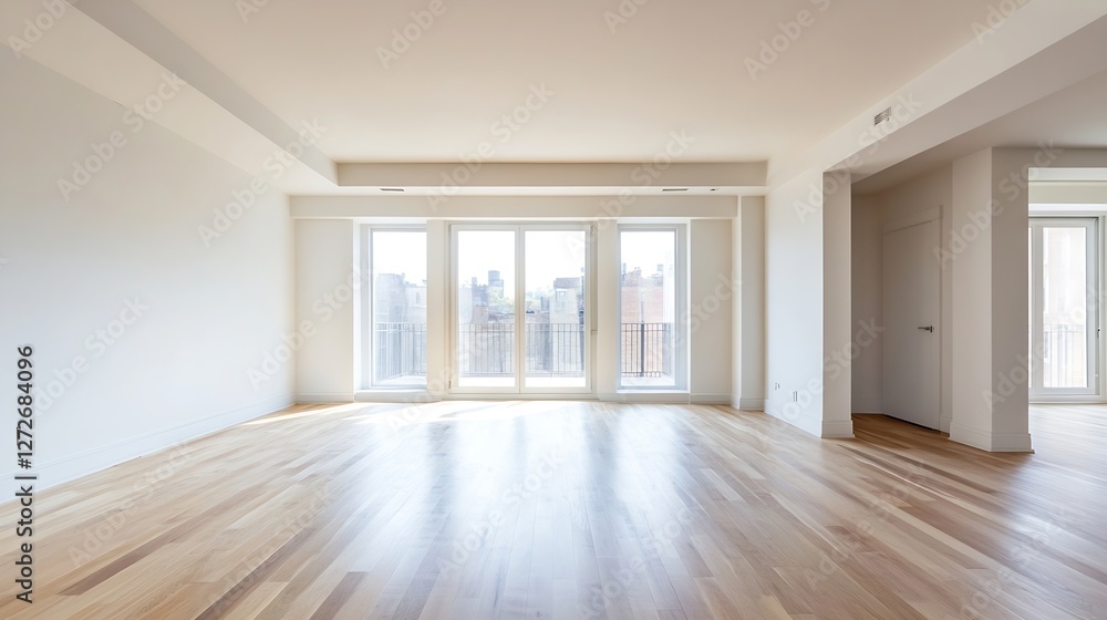 Poster Spacious and Bright Modern Empty Room with Natural Light and Wooden Floor : Generative AI