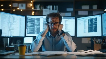 A frustrated developer immersed in debugging in a minimalist office. Featuring multiple monitors displaying error logs