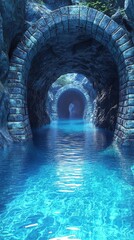 Mysterious Blue Water Tunnel With Stone Arches