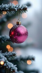Pink ball in bokeh effect on a snowy white Christmas tree, white, bokeh, tree
