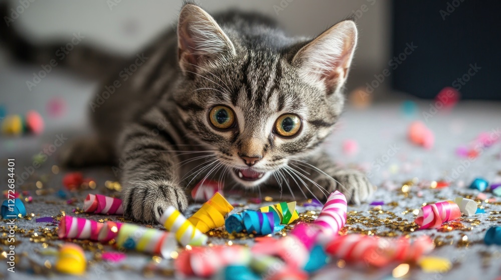 Poster a playful kitten surrounded by colorful party streamers on a festive surface.