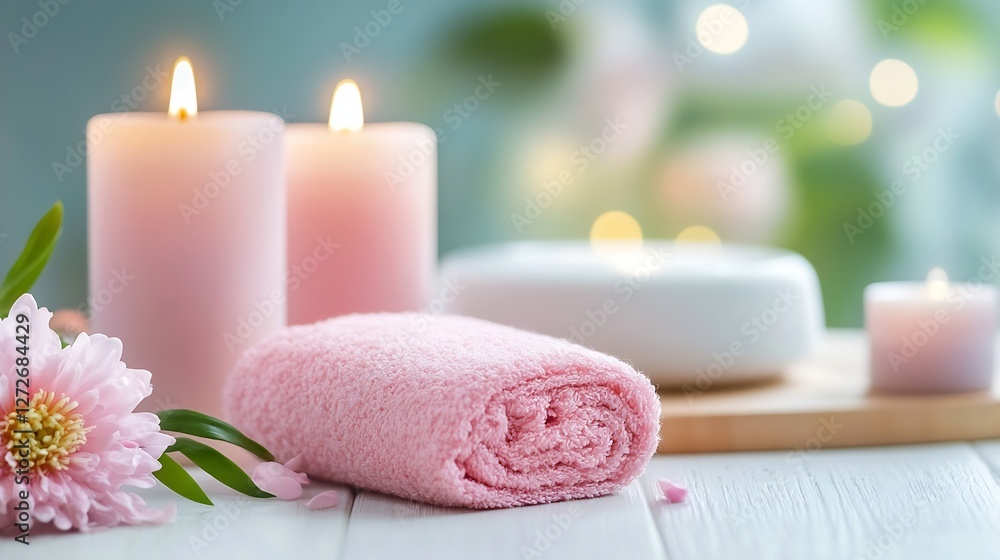 Fototapete serene spa setting with scented candles and soft towels for relaxation : generative ai