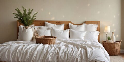 Serene Bedroom Sanctuary  Soft White Bedding, Wooden Headboard, Woven Accents, and Natural Light