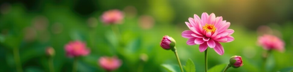 Fototapeta premium Pink chrysanthemum bloom in lush green garden, botanicals, flowers, horticulture