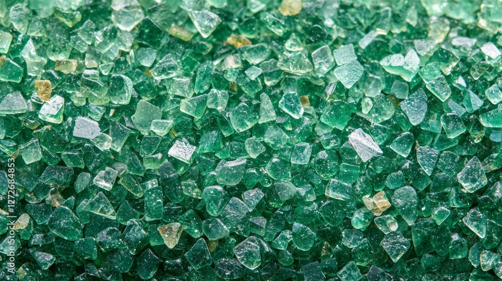 Poster shimmering green pieces of glass lay scattered, reflecting light in intricate patterns