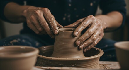 African american woman crafting ceramic pottery on wheel. Hands shaping clay vessel. Artisan creating handmade earthenware. Pottery workshop, artistic hobby concept.