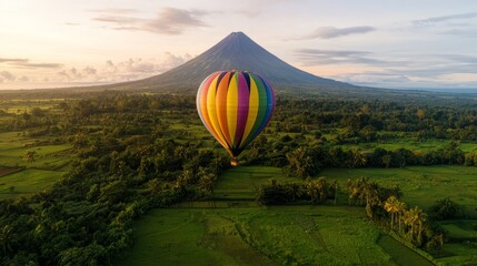 Obraz premium Colorful hot air balloon soaring above lush green fields near a majestic volcano at sunset