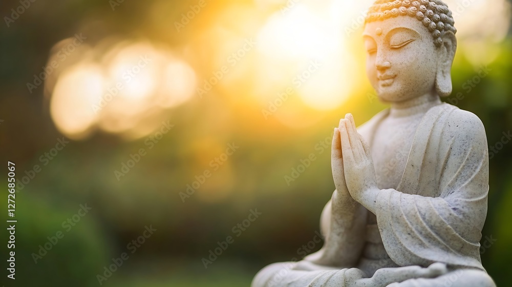 Poster serene stone buddha statue with praying gesture and soft warm light : generative ai