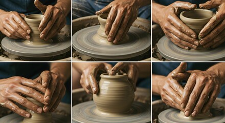 Hands crafting pottery on wheel: Step-by-step process of shaping clay into bowl and vase. Artisan ceramics creation. Traditional pottery making technique collage.