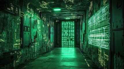 Fototapeta premium Glowing Green Digital Corridor: Futuristic Sci-Fi Tunnel