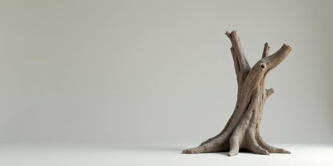 A weathered, gnarled tree trunk stands alone against a minimalist backdrop, symbolizing resilience and the passage of time.