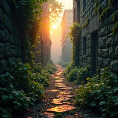 Obraz premium Misty dawn in small alley with mossy walls and vines, stone, serene