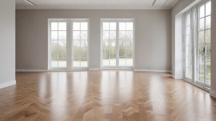 Fototapeta premium Spacious empty room with large windows and herringbone hardwood floor awaiting interior design