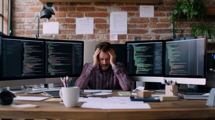 A frustrated developer immersed in troubleshooting coding issues in a minimalist office. Featuring error logs on the monitors