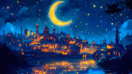 Fototapeta premium Enchanting nightscape with crescent moon over illuminated fantasy city and river. Enchanted Starlit River. Illustration