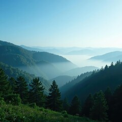 Fototapeta premium Misty forest landscape with dense fog rolling in, forest, sky blue,