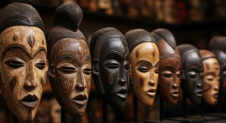 Row of carved masks - Symbol of tradition and heritage - African art exhibit