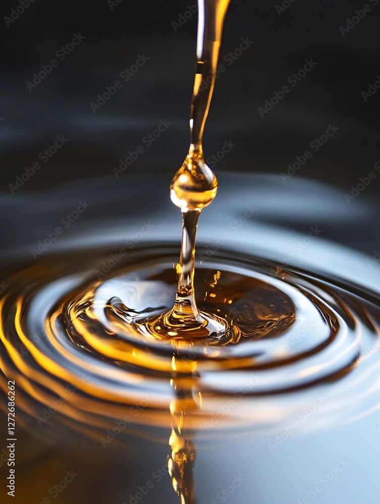 Aufkleber Captivating Golden Liquid Droplet Creating Ripples on the Surface in Close-Up View : Generative AI