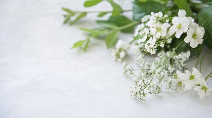 Delicate White Flowers and Fresh Green Leaves on Light Grey Background : Generative AI