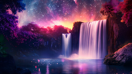 Fototapeta premium Ethereal waterfall cascading under starlit skies, vibrant colors reflecting in water, creating magical atmosphere. Enchanted Starlit River. Illustration