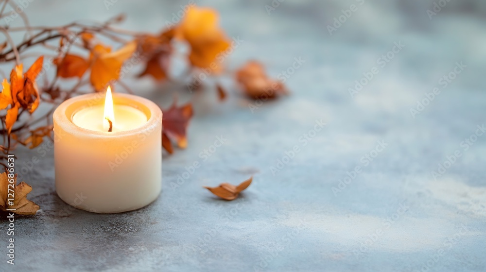 Poster Cozy Candle with Autumn Leaves on a Soft Background Creating a Warm Atmosphere : Generative AI