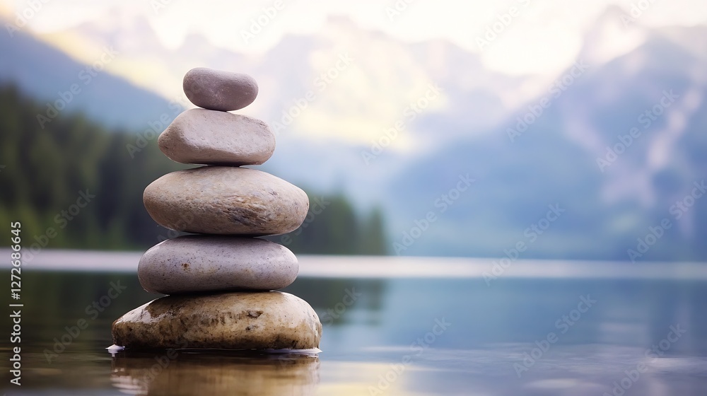Poster stacked smooth stones in tranquil lake setting embodying balance and peace against mountains and wat