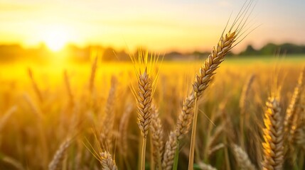 Fototapeta premium Golden wheat field illuminated by warm sunset light with sky and horizon in the background : Generative AI