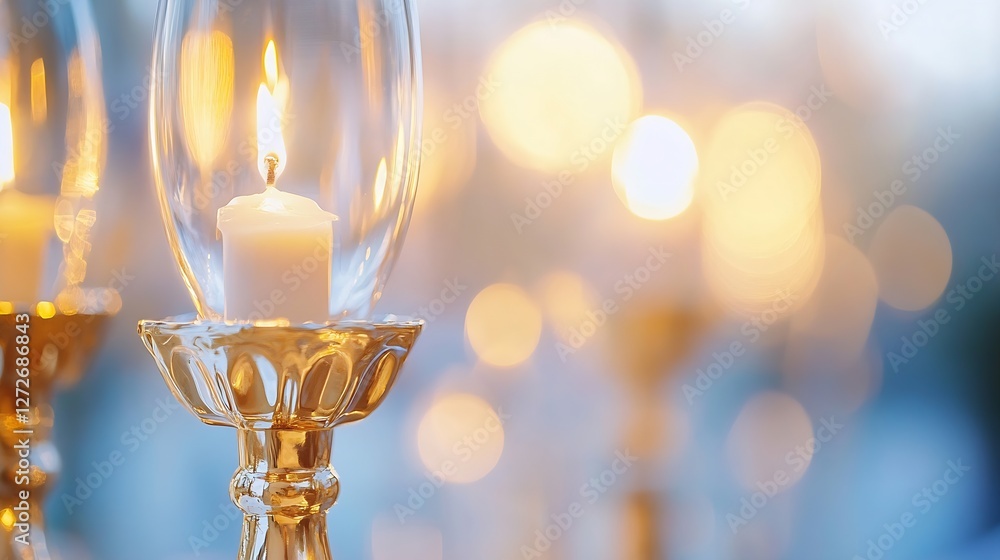 Poster Elegant candle holder with glowing candle creating a warm ambient light in soft focus background : Generative AI