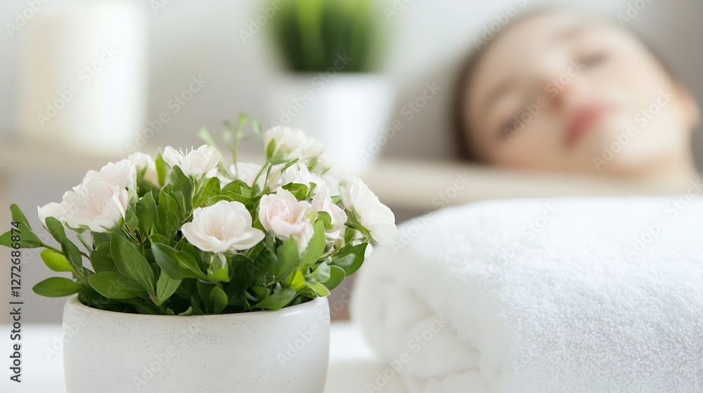 Poster Relaxing spa experience with flowers soft towels and a serene background : Generative AI