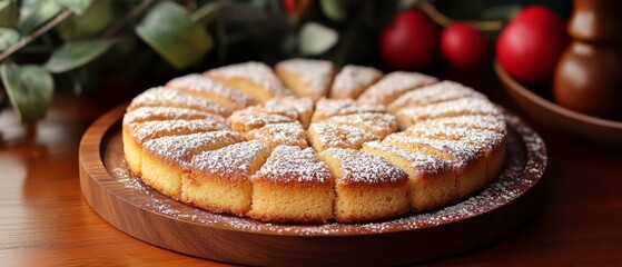 Delicious Homemade Powdered Sugar Cake Slices on Wooden Tray