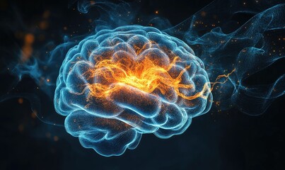 Abstract brain graphic, glowing,  energy, dark background
