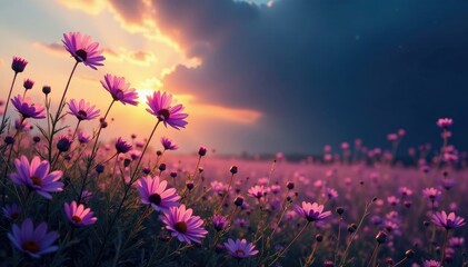 Fototapeta premium Purple wildflowers sway in the breeze against a dark sky, wind, sun, natural