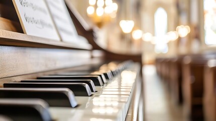 Focused close up of piano keys with blurred church interior atmosphere : Generative AI