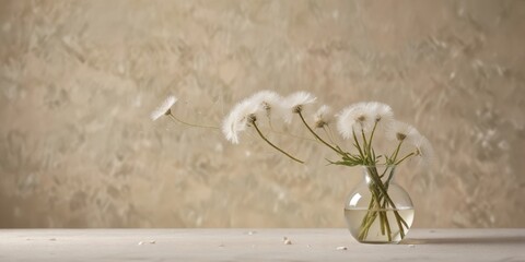 A serene arrangement of delicate, fluffy seed heads in a clear glass vase, set against a muted beige backdrop.