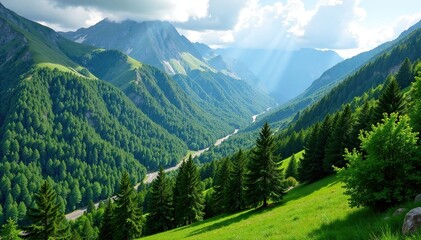 Fototapeta premium Lush green forest with rugged gray brown mountains, mountains, foliage