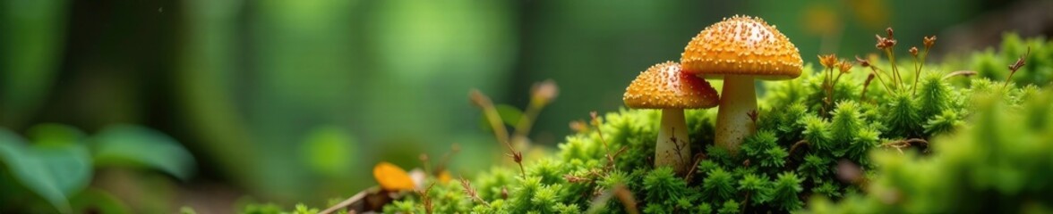 Mossy forest floor with scaly pholiota mushrooms growing among ferns, earthly, forest, moss