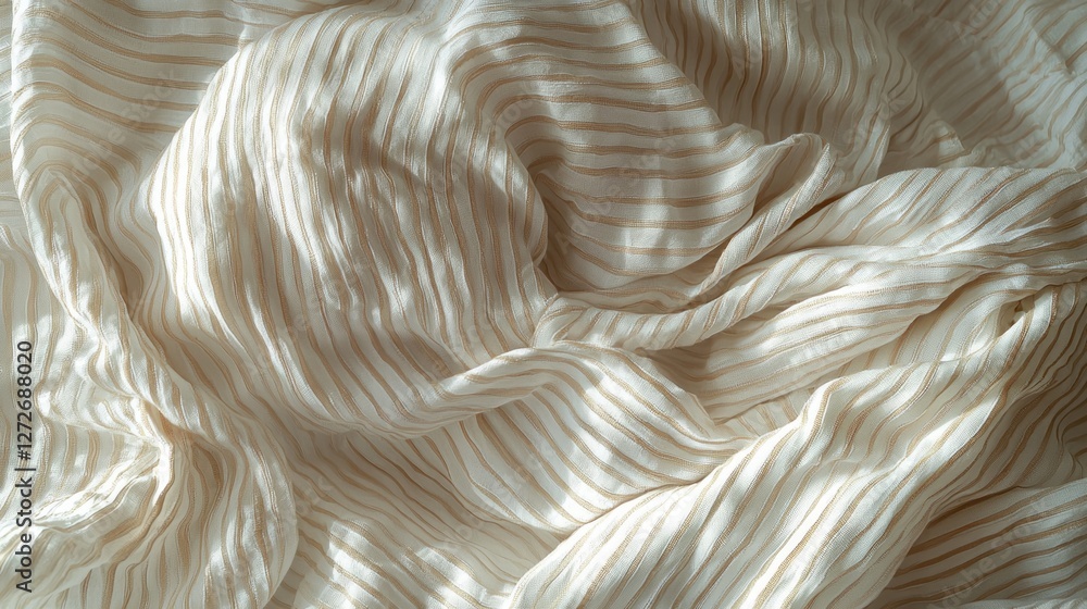 Poster striped white and beige sheets cascade gently over a plush bed, creating a serene atmosphere in a su