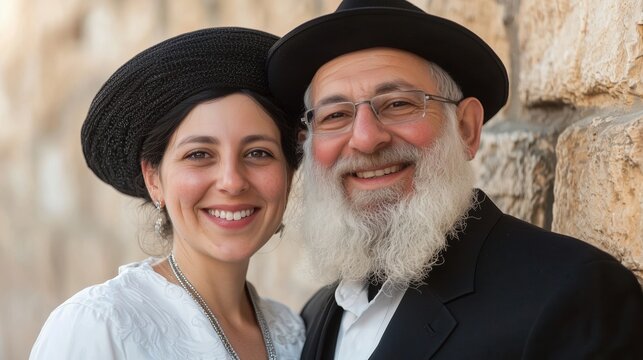 Smiling Mature orthodox jewish man posing with his young wife looking at the camera in Jerusalem 