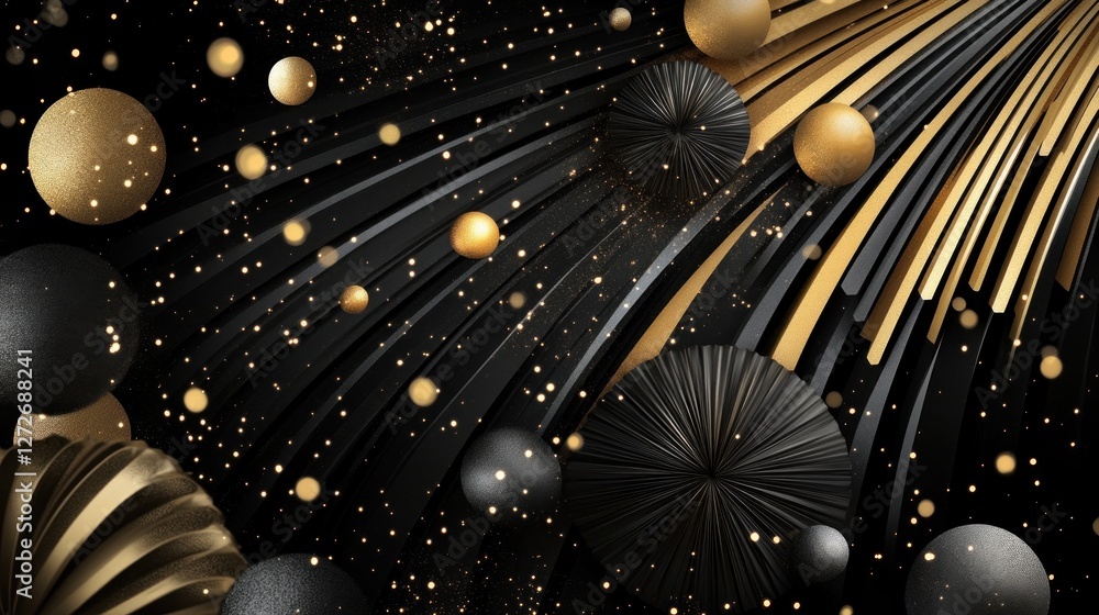 Poster abstract design featuring gold and black elements with dynamic lines and shapes.